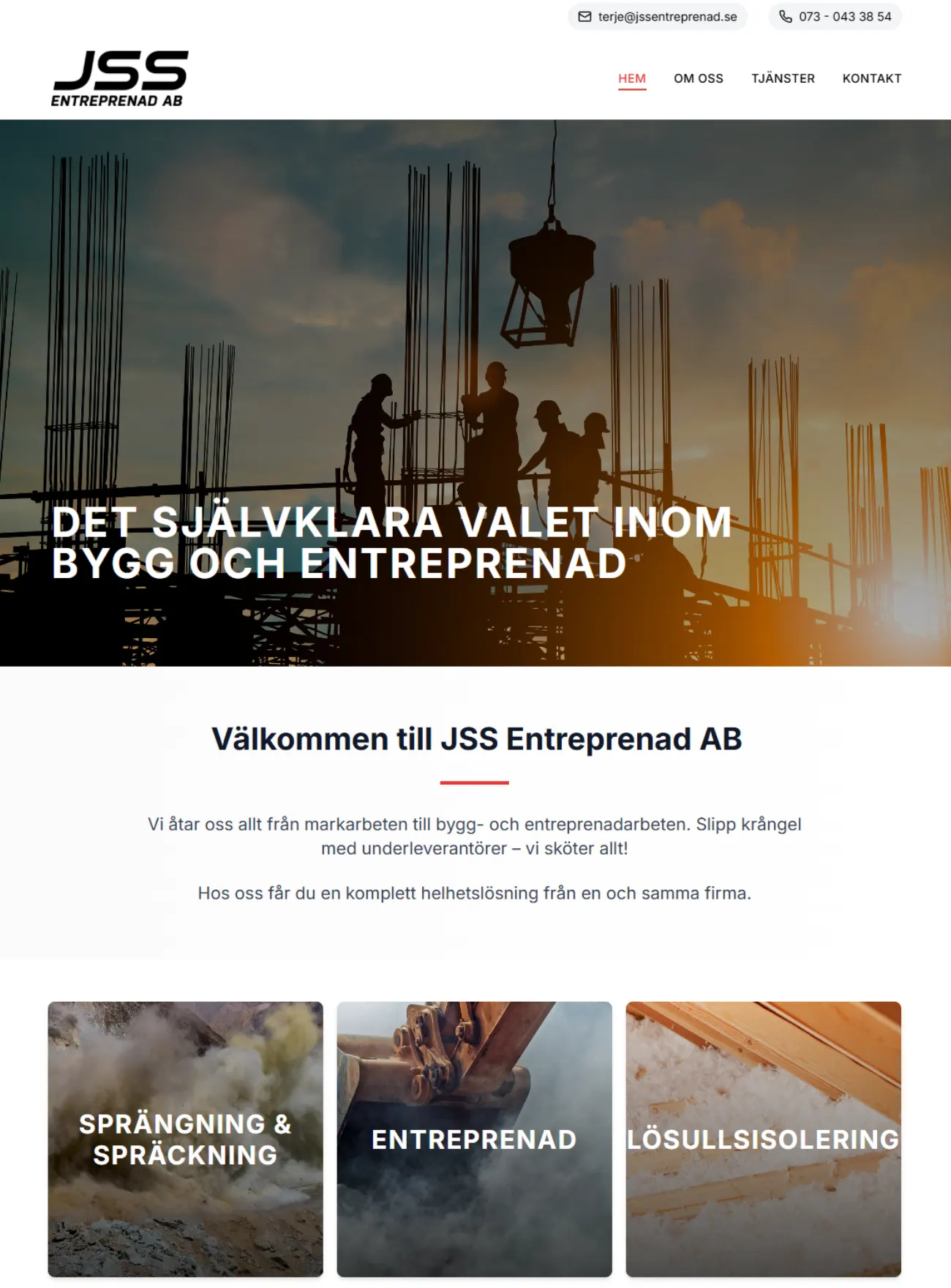 Hemsida för JSS Entreprenad AB, byggd av Webbfix